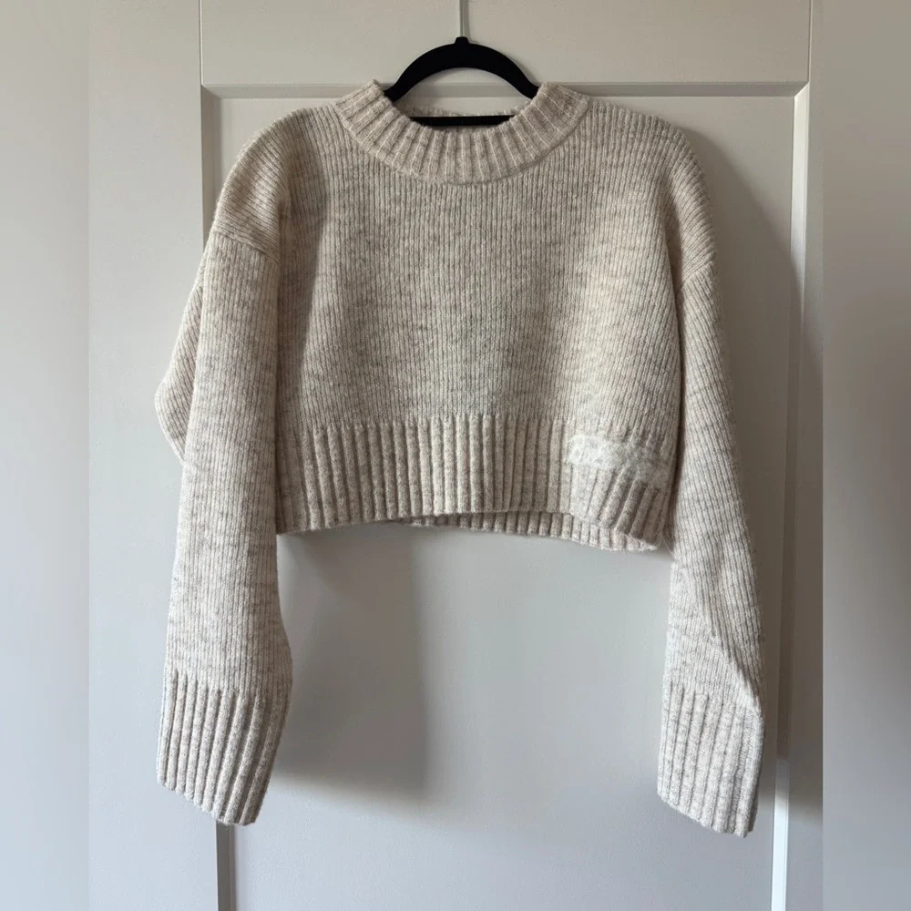 NWT BO + TEE Ribbed Knit Cropped Sweater in Cream Marl SMALL - Picture 6 of 9